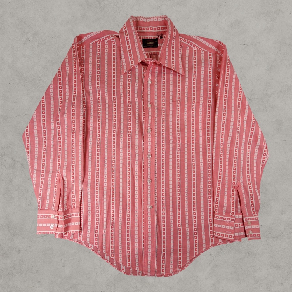 Vintage Campus Shirt Men Large Pink Geometric Stripe Long Sleeve Button Up Disco